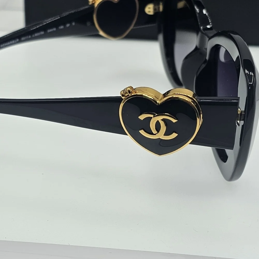CHANEL Black and Gold Heart Sunglasses | ON HAND AND READY TO SHIP.